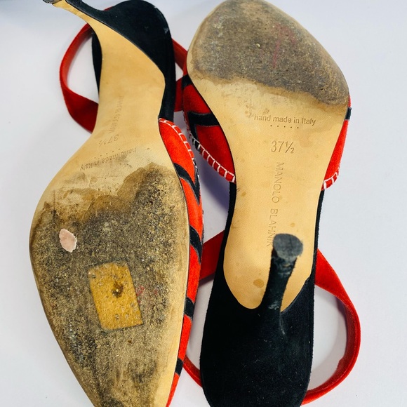 Manolo Blahnik Red and Black Patterned Suede snd Leather Heels Authentic - Picture 13 of 13